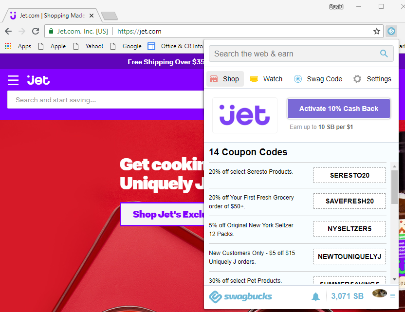 The Swagbutton Applies Coupons and Cashback