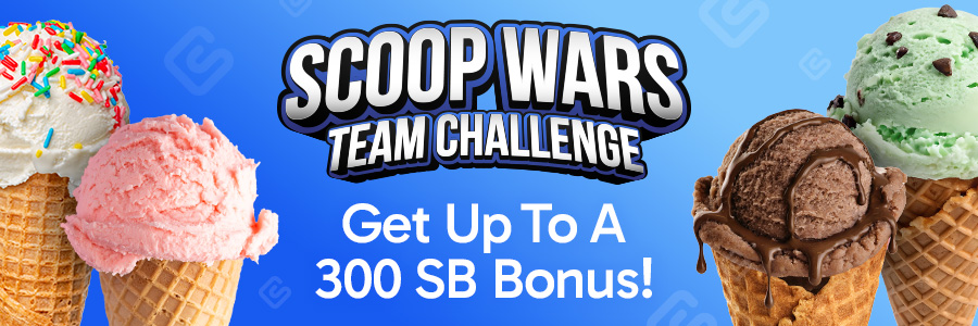 Scoop Wars Team Challenge featuring ice cream cones and text โGet Up to a 300 SB Bonusโ โ Swagbucks June 2025