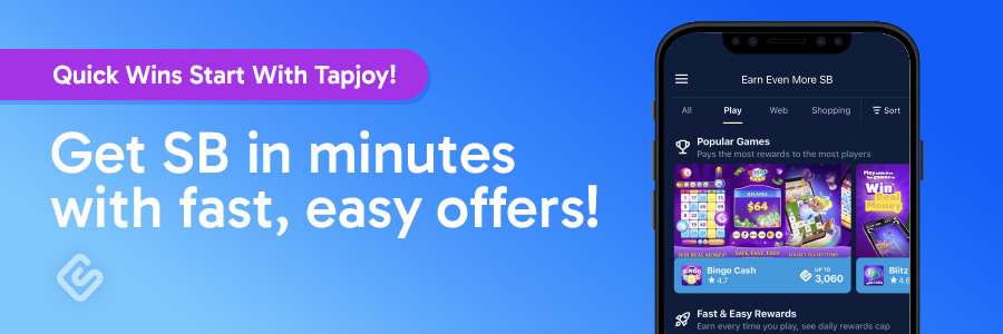 Mobile screen showing Tapjoy offers on Swagbucks with headline “Get SB in minutes with fast, easy offers”